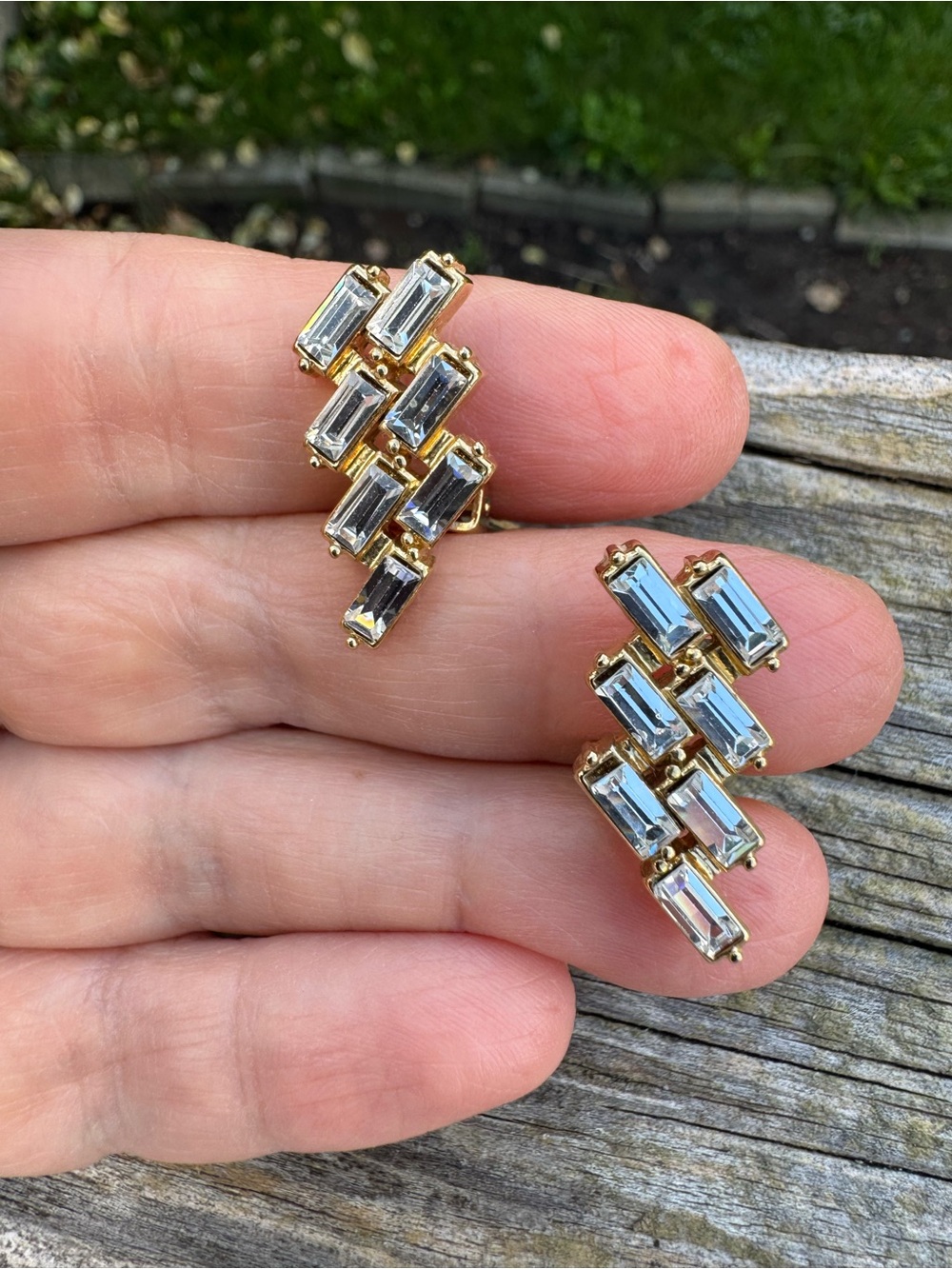 Vintage Gold-Tone Baguette Crystal Cluster Clip-On Earrings - Clear